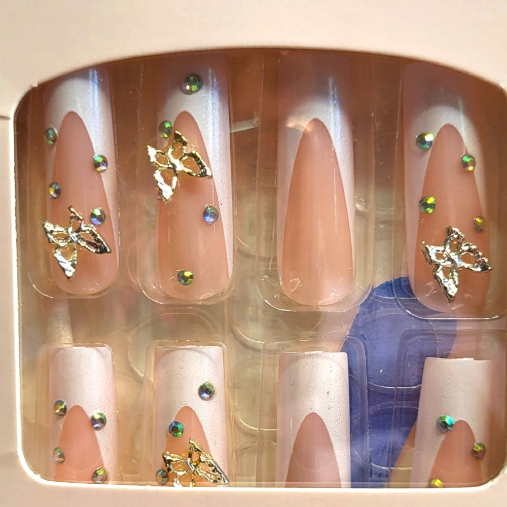 Press On Nails - French Tips and Silver Butterflies and Rhinestones.